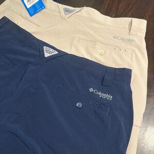 Waist 38, 8” inseam 2-pair Columbia Light Beige and Navy Outdoor Shorts